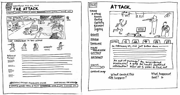 early rough sketches of historic scene pages.