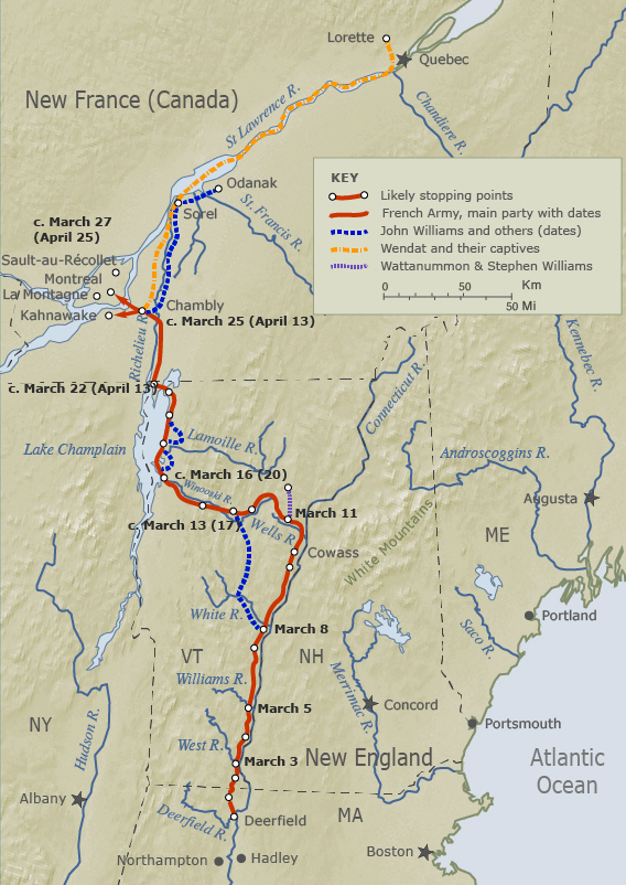 map showing route from Deerfield, MA to Canada