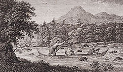 engraving of paddlers in a canoe from 'Travels in the Interior'